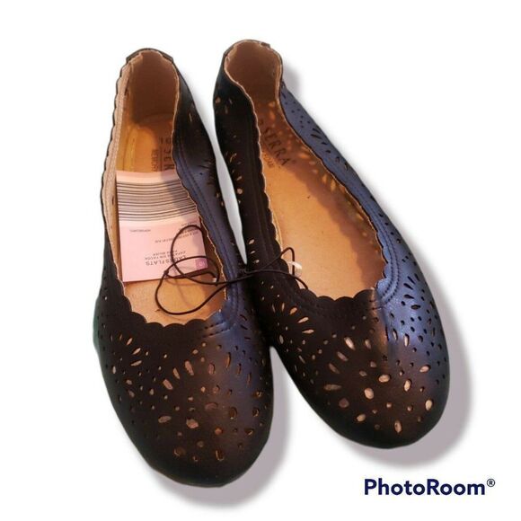 New Serra Ladies Memory Foam Black Lattice Cutout Ballet Flats - Size 10 - Picture 1 of 3